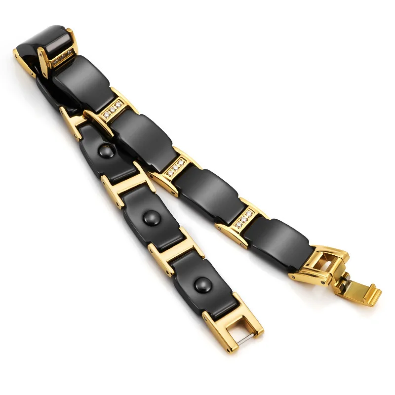 10mm Punk Gold Color Stainless Steel Chain Zircon Bracelet For Men Women Black Ceramic Health Care Magnetic Bangle Jewelry