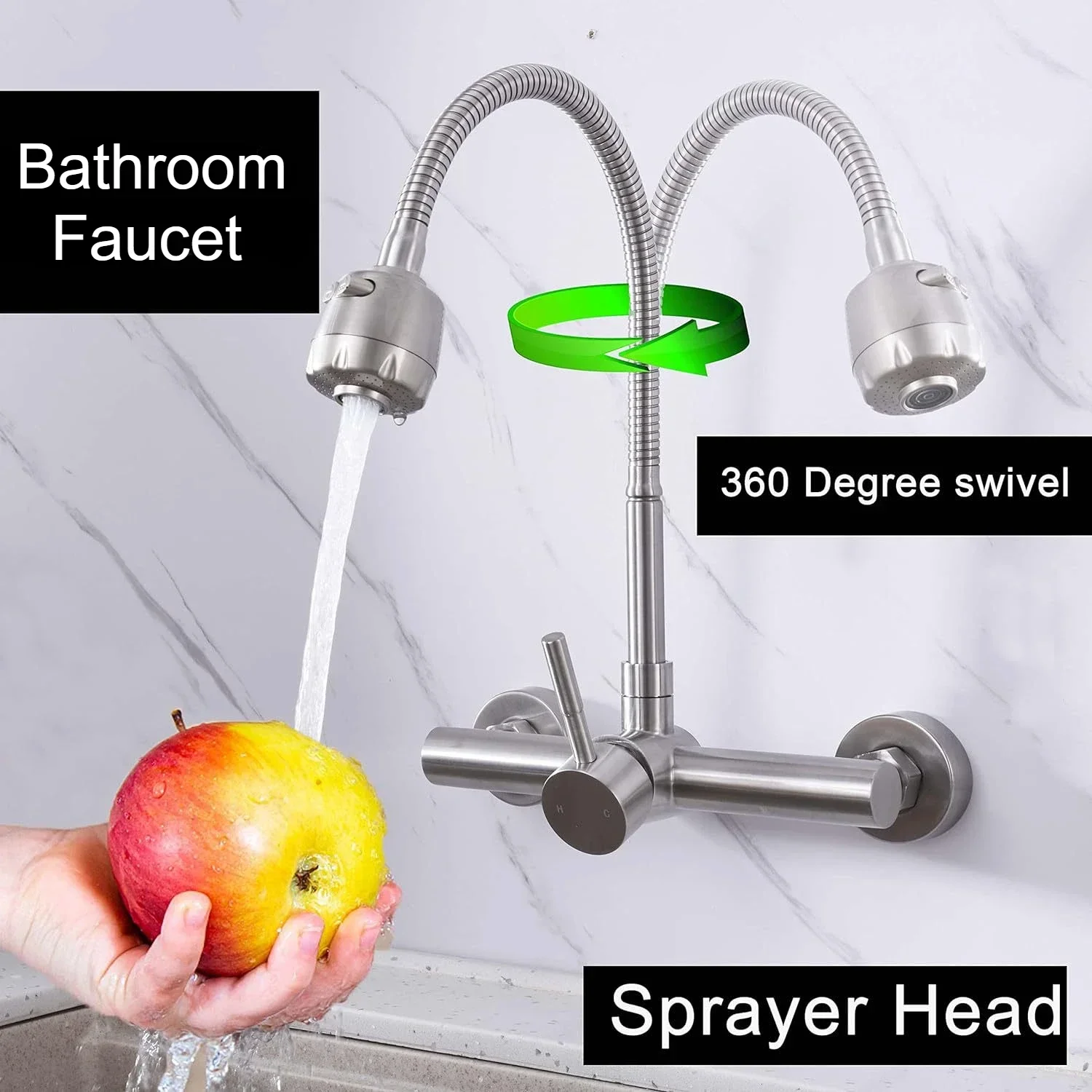 

Настенный смеситель для кухни из нержавеющей стали, с подачей горячей и холодной воды, поворотный на 360° ° Вращающийся смеситель для раковины с 2 режимами струи