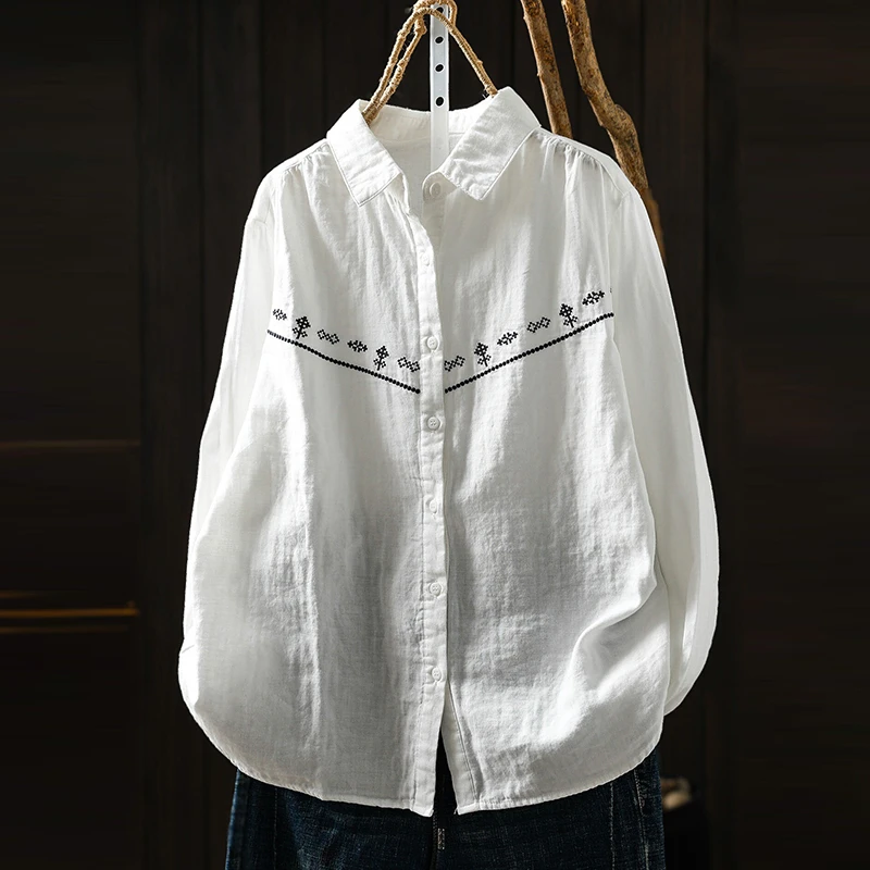 Women Long Sleeve Cotton Shirt New Arrival 2026 Autumn Simple Style Vintage Embroidery Loose Female Casual Tops Shirts M2956