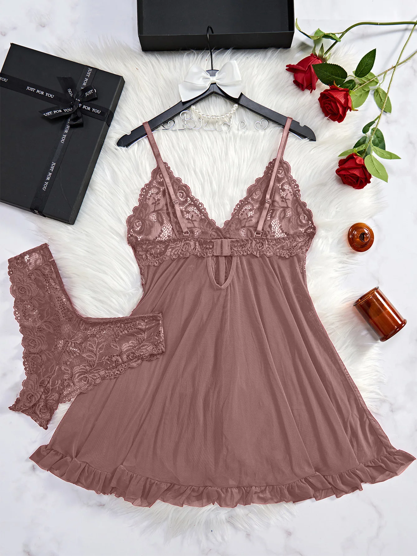 

Sexy Lingerie Plus Size Women’s Khaki Lace Mesh Nightgown Dress 2-Piece Lingerie Set – Deep V, Open Back, Side Slit, Lingeries S
