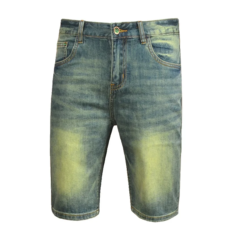 Summer thin denim shorts men's trendy brand stretch slim fit fashionable retro green washed casual five quarter pants