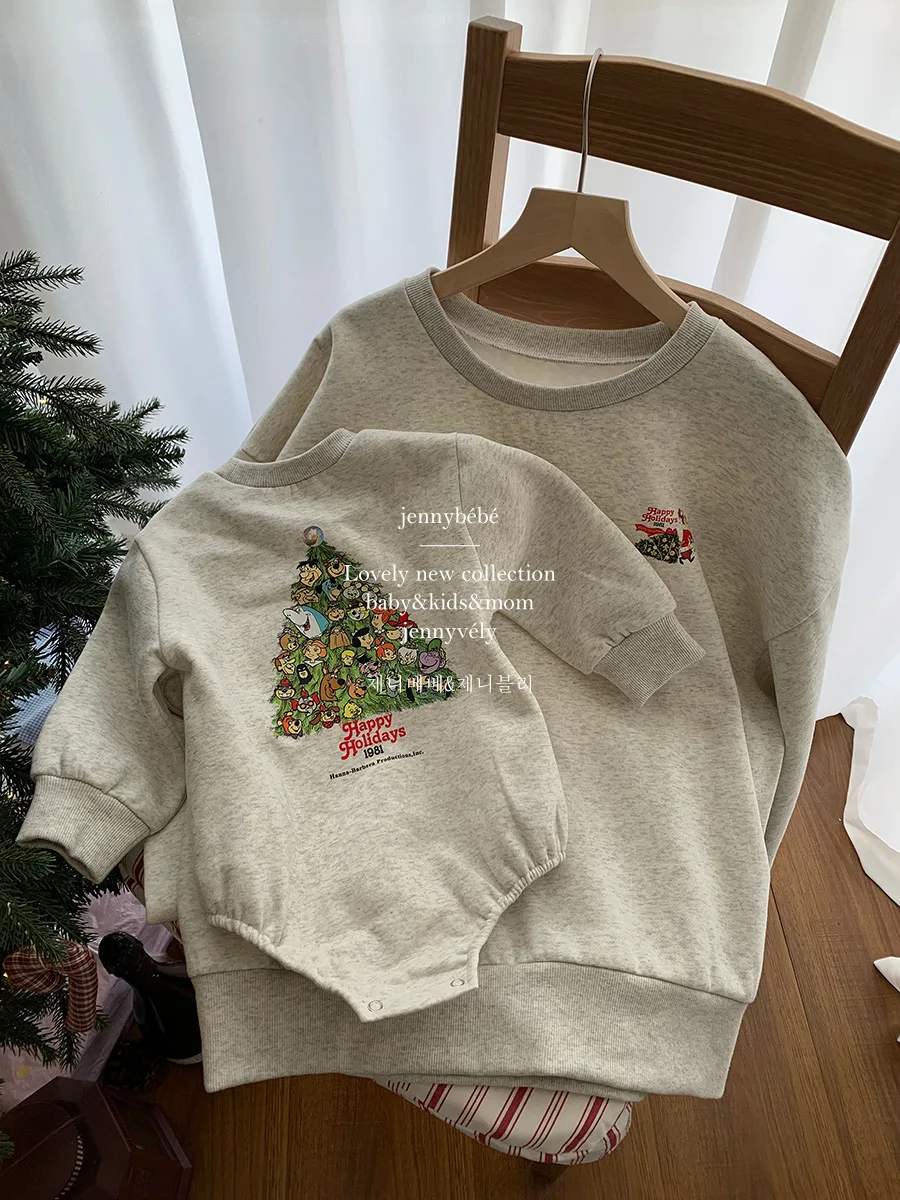 Family Matching Christmas Hoodie Winter Thicken Cute Sweater Baby Romper Mother Daughter Son Long-sleeved Shirt  New Year Gift