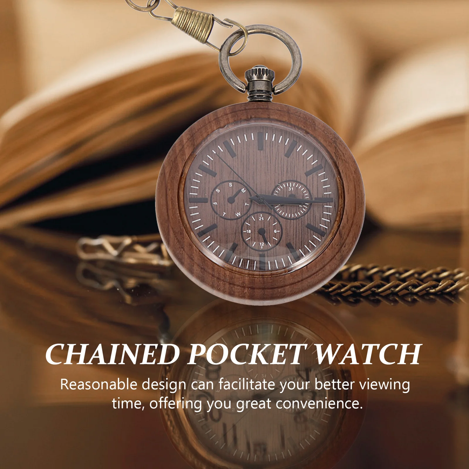 ساعة جيب خشبية بتصميم عتيق بتصميم عتيق وسلسلة متوسطة الطول ووقت دقيق وساعة معلقة مزخرفة للرجال