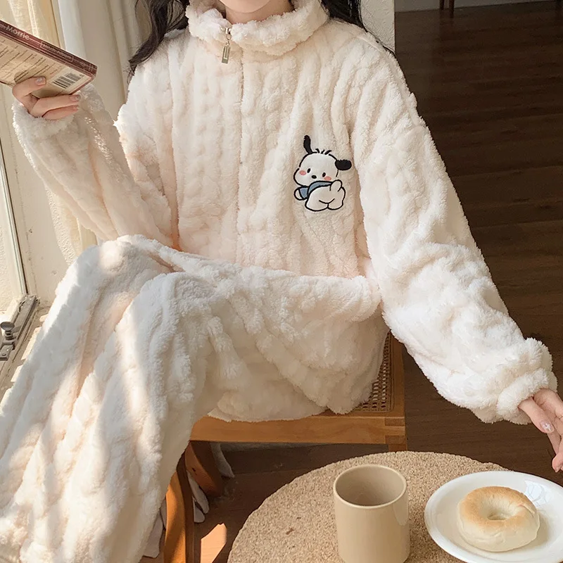 

Kitty Cat Thickened Pajamas 2Pcs Girl Coral Velvet Plus Velvet Coat New Style Winter Zipper Outerwear Home Clothes Suit