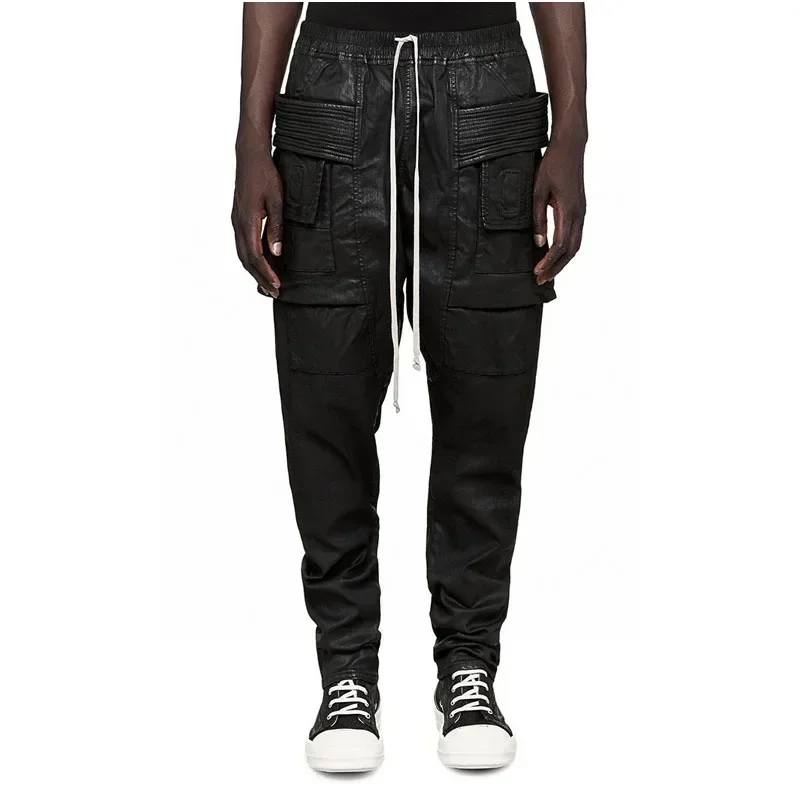 High Street Rick Pants for Men Men Streamer Double Ring Waxed Denim Trousers for Man 1:1 High Quality Streetwear Women Clothing