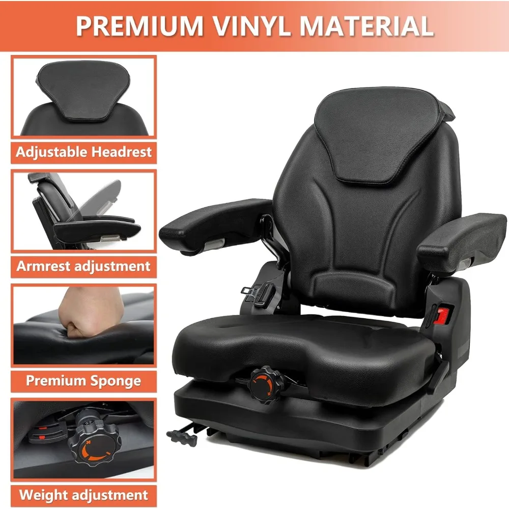 

Tractor Suspension Seat, Fold Down Forklift seat with Adjustable Angle Back, Micro Switch, Seatbelt and Armrests