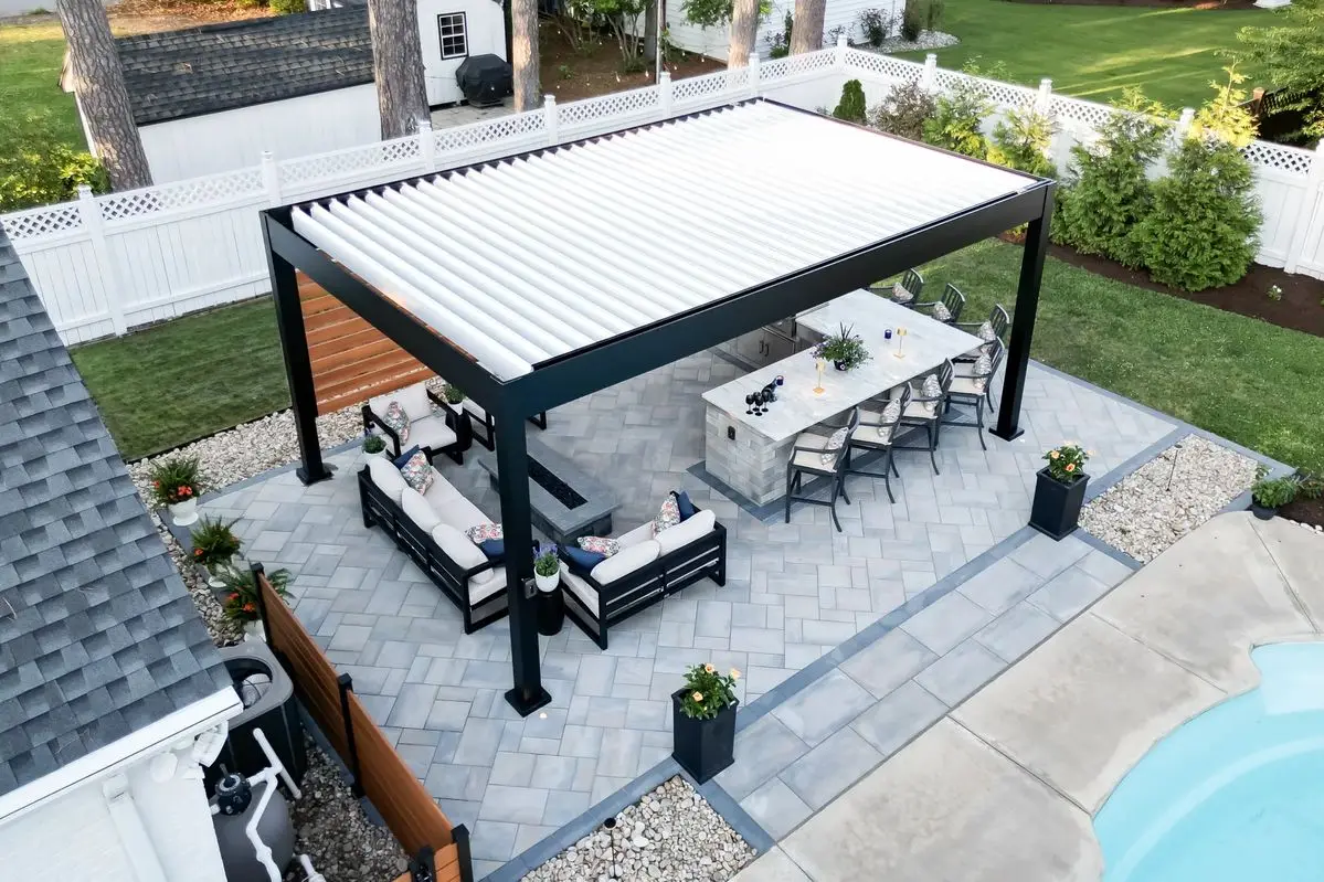 

Outdoor Aluminum Louvered Pergola Rainproof Gazebo with Adjustable Roof Perfect Pool Sun Shade Gazebos with Windproof Blinds