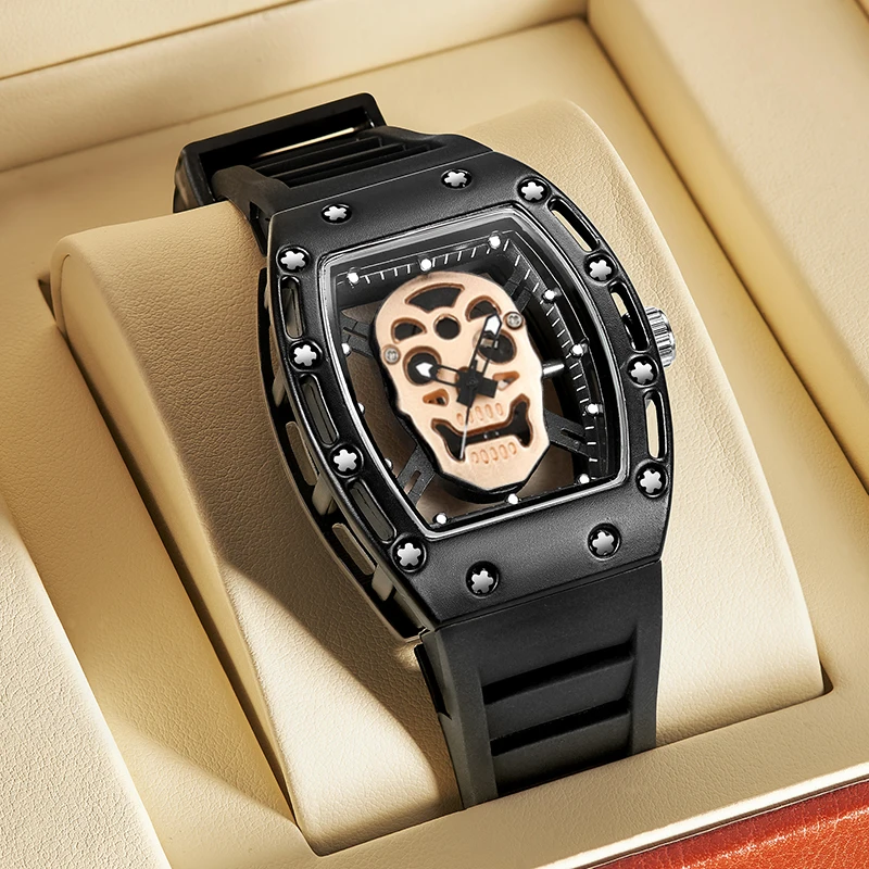 Skull Dial Mens Watches Fashion Tonneau Black Punk Style Quartz Wristawatch Sport Skeleton Male Cool Clock for Halloween Gift