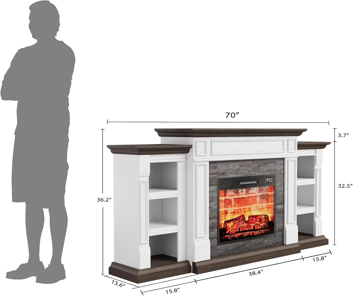 Perapian listrik 70 "dengan Mantel, dudukan TV perapian, pusat hiburan rumah pertanian, Surround batu tumpuk realistis