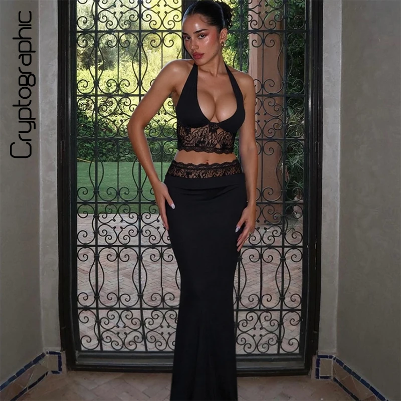 

Cryptographic Sexy Elegant Lace Skirt Outfits Halter Backless Camis Sets Long Co-Ord Sets Women Summer 2 Piece Set Everyday Wear