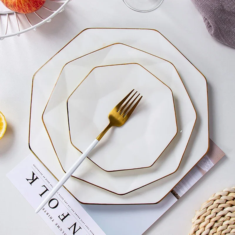 Phnom Penh Octagonal Steak Flat Plate Light Luxury Bone China Tableware Western Dinner Household Plates