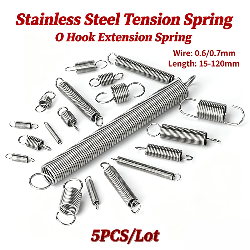 Stainless Steel Tension Spring O Hook Extension Spring Wire 0.6/0.7mm Length 15-120mm 5PCS