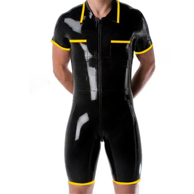 Latex Catsuit Men Yellow and Black Top  Shorts Siamese suit Hsome Racing suits Size S-XXL