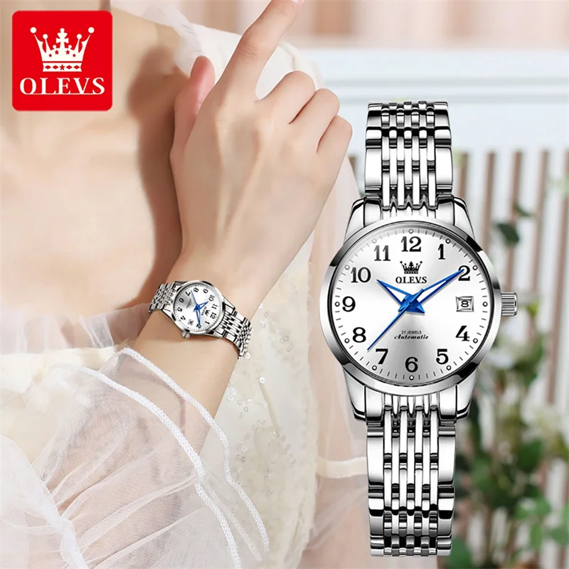OLEVS Women Automatic Mechanical Watch Blue Pointer Female Elegant Clock Luxury Gift Watches Ladies Waterproof Wristwatch