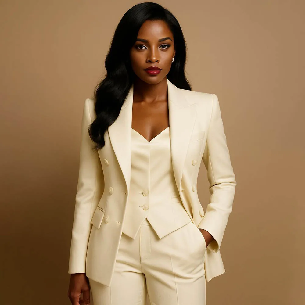 

Luxury Solid Color Women's Suits Customzied Single Breasted Peak Lapel Double Breasted 3 Piece Jacket Pants Vest Evening Outfits
