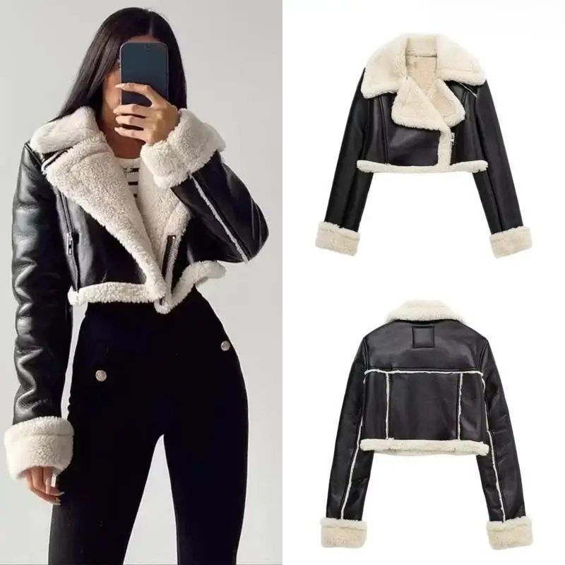 Women's Black Cropped Leather Jacket Coat Blend Styles Spring 2026 Fashion Ladies Premium Quality No Brand Registered Trademark