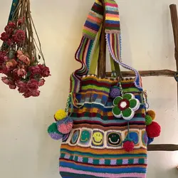 Handmade finished hook woven retro colored woven shoulder bag with patchwork color shoulder crossbody, shipped in 10-15 days