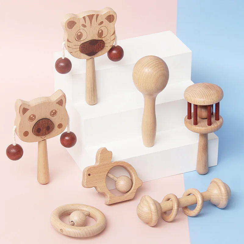 Infants Baby Grasp Wooden Rattle Newborns Nibbling Baby Soothing Toy Set Wood Hand Bell Toys