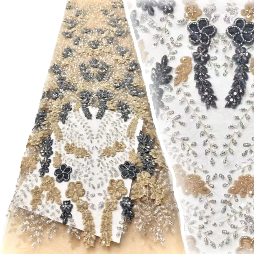 

2025 Luxury African Lace Fabric 5Yards Velvet Lace Beaded Tulle Lace Fabric Embroidered Nigerian Fabric for Wedding Dress SZ1673