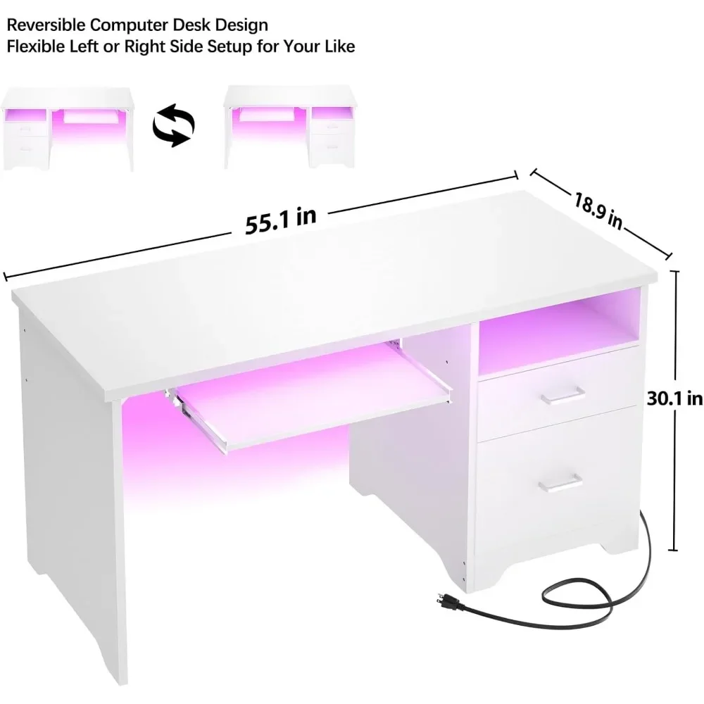 مكتب كمبيوتر قابل للعكس مع أدراج ملفات ، مكتب مع ضوء LED RGB ومنفذ طاقة ، محطة عمل لغرفة النوم ، 55 بوصة