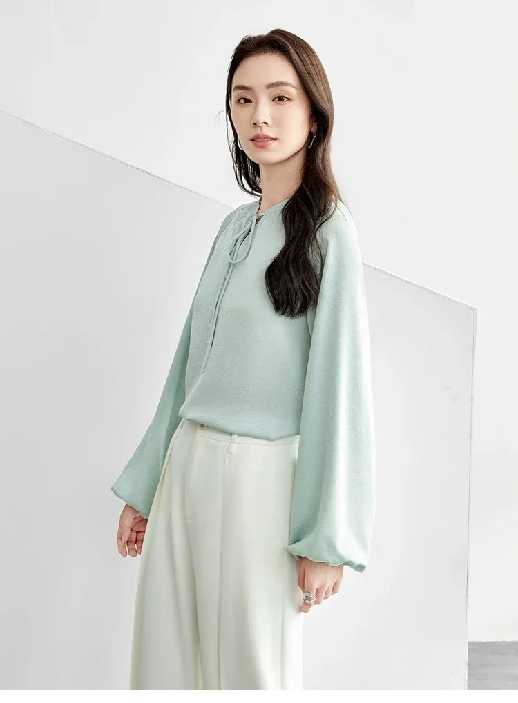 SENTUBILA Elegant Lace-up Blouses Women Spring 2025 French Style Loose Fit Chiffon Lantern Sleeve Stand Neck Pullovers 151V58147