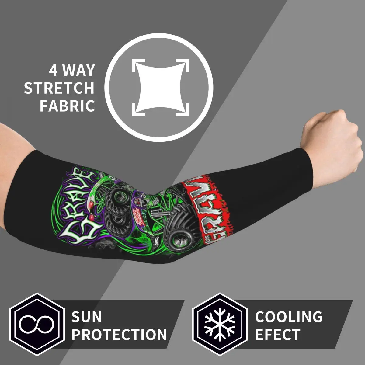 Monster Jam Grave Digger Monster Truck أكمام أذرع تبريد للرجال والنساء للحماية من أشعة الشمس فوق البنفسجية وتغطية الوشم الرياضية والتبريد وركوب الدراجات