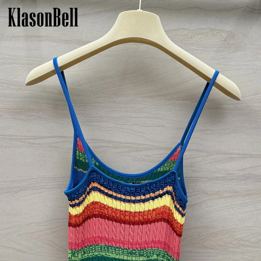 5.8 KlasonBell Rainbow Contrast Color Spaghetti Strap Dress Temperament Sexy Backless Twist Knit Pencil Long Dress