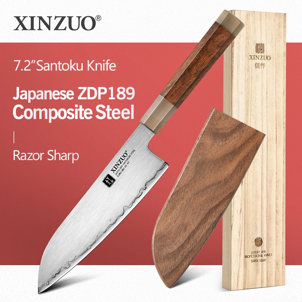 NEW XINZUO 7.2'' Santoku Knife Japanese Composite Steel Sashimi Knife Sushi Knife Domestic Kitchen Knife Paulownia Wood Gift Box