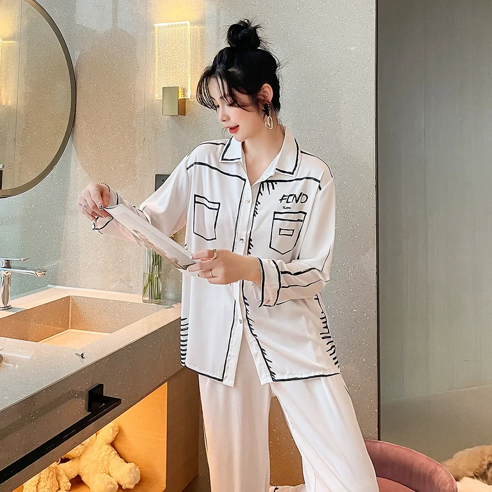 Ice Silk Long-sleeved New Pajamas Set for Women Sketch Black White Casual Sleepwear Autumn and Winter Homewear Service Suit