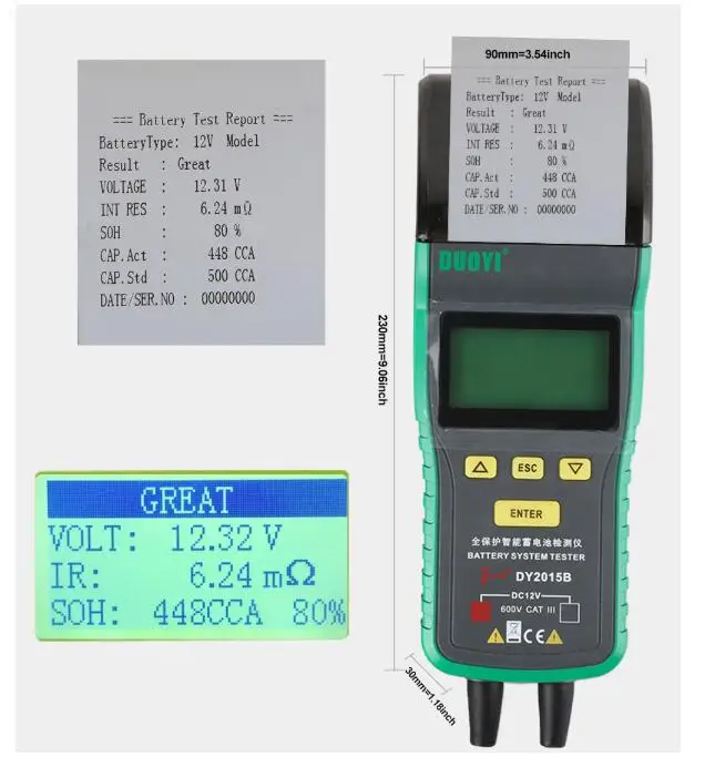 Лидер продаж, автомобильный тестер аккумулятора DY2015B 12 В с принтером