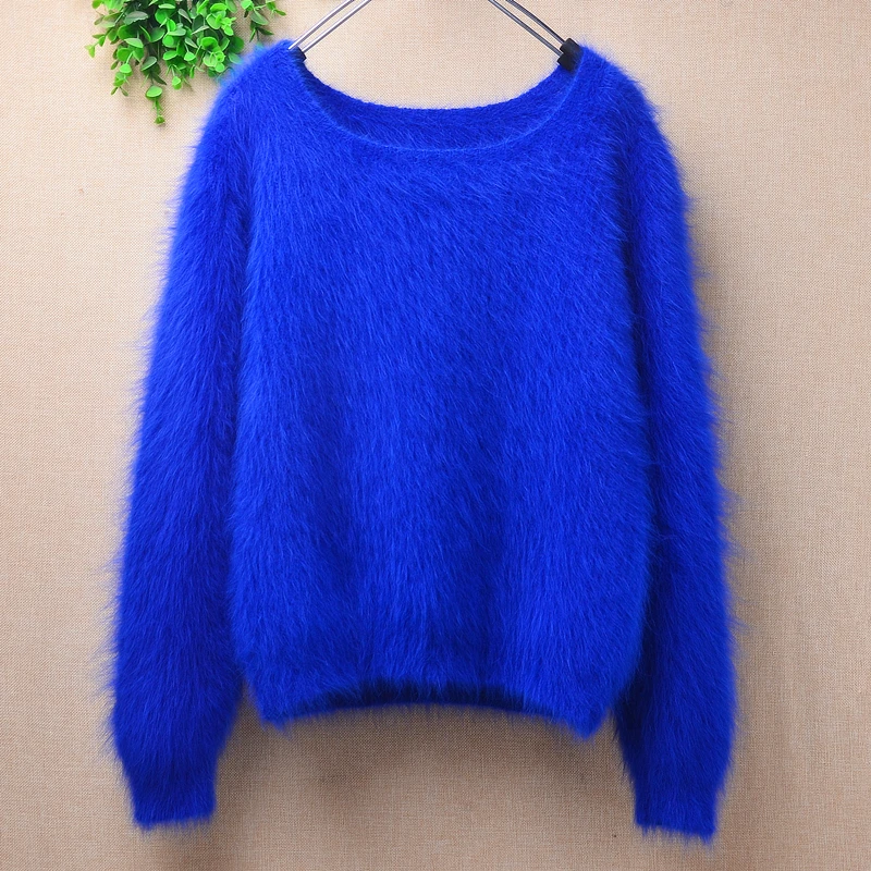 01 Female Women Fall Winter Clothing Hairy Mink Cashmere Knitted O-Neck Long Sleeves Slim Blouses Pullover Angora Fur Sweater