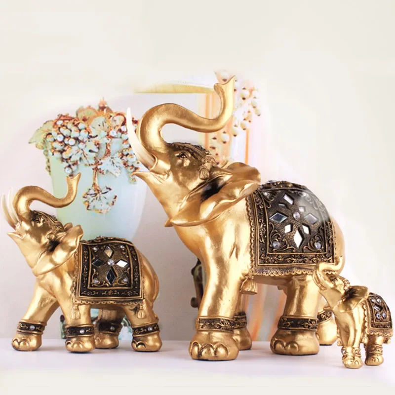Golden Resin Elephant Statue with Trunk up Feng Shui Wealth Attraction Elegant Home Decor Figurine Lucky Ornament