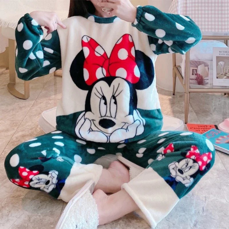 Cartoon Disney Mickey Mouse Women\'s Pajamas Winter Knitted Plush Long Sleeve Pants Two-piece Set Loungewear Hello Kitty Pajamas