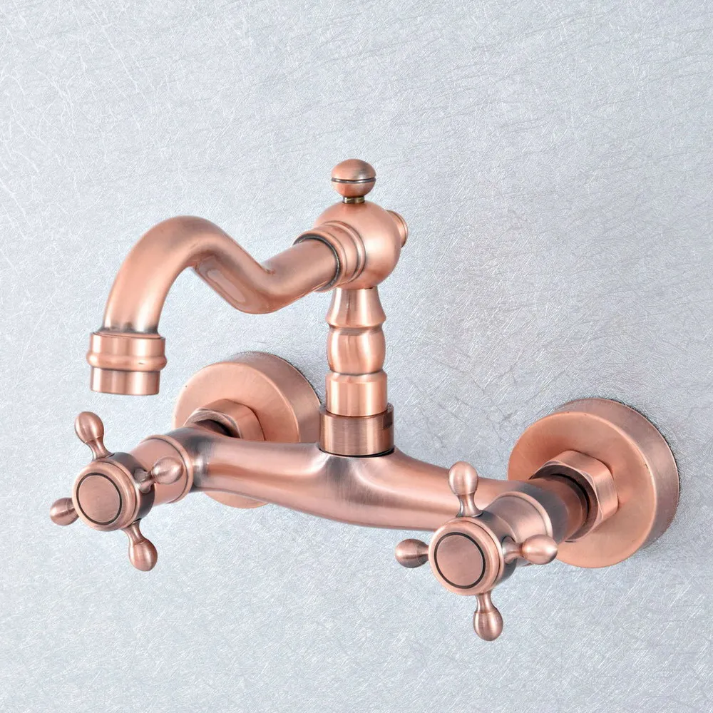 

Antique Red Copper Brass Wall Mounted Kitchen Wet Bar Bathroom Sink Faucet Swivel Spout Mixer Tap Dual Cross Handles asf862