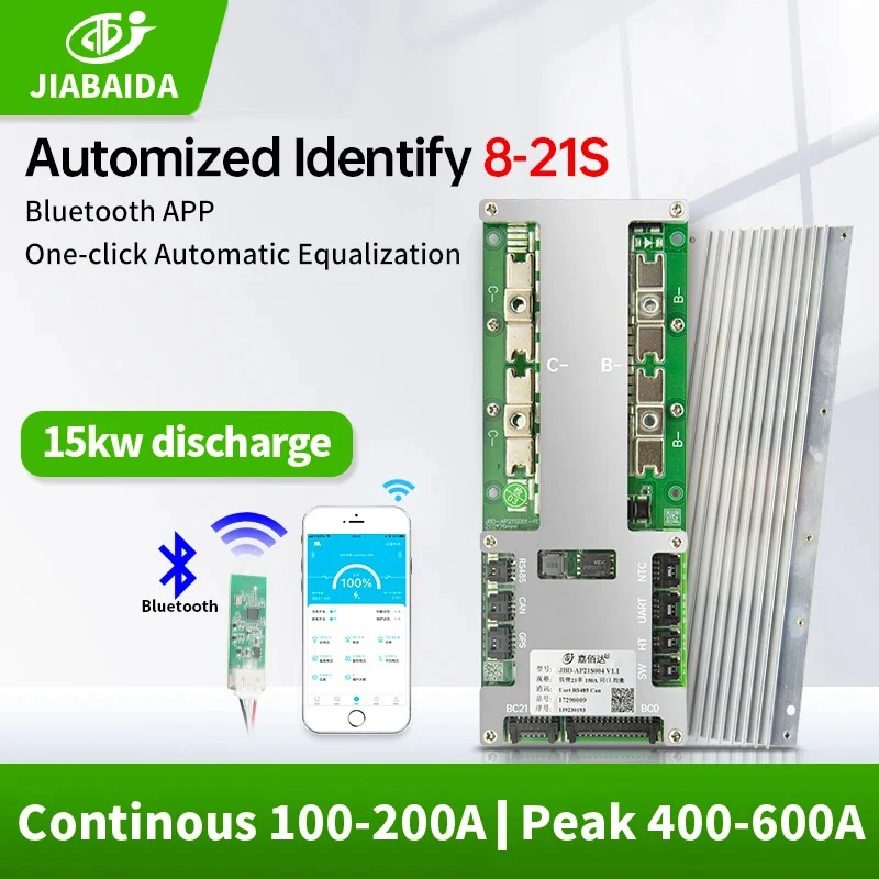 

JIABAIDA Smart BMS 8S 24V LiFePo4 10S 12S 13S 14S 16S 17S 20S 21S Li-ion Lithium Battery 100A 150A 200A Current BT UART JBD BMS