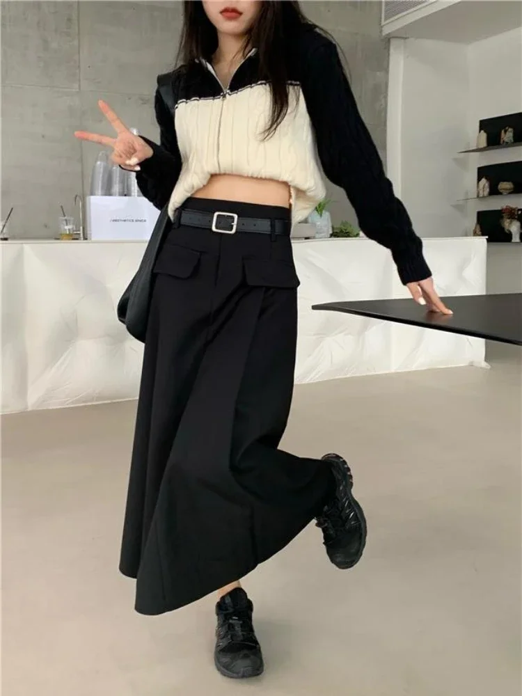 Pleated Midi Skirt for Women High Waist Elegant Preppy Korean Fashion  Skirt Retro A-line Casual Skirts Autumn New 2023