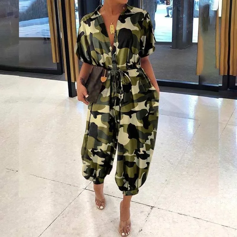 2021 Summer Casual Fashion Leopard Cow Polka Dot V-neck Jumpsuits Women Sashes Pockets Buttons Vintage Rompers One Piece Outfit