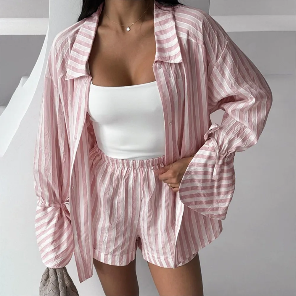 

Autumn New Lace-up Long-sleeved Striped Shirt Women's Suit Fashion Loose Casual Vacation Shorts And Shirt 2-piece Set Women 2025