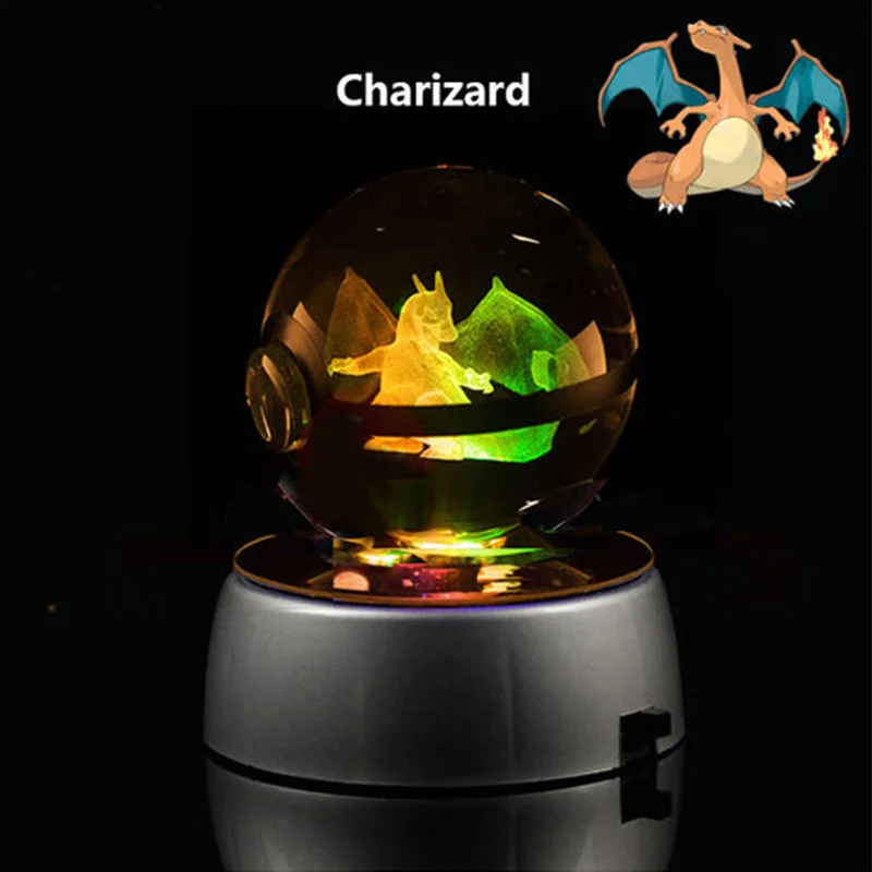 Pokemon 3d Crystal Ball Pikachu Figure Pokeball Engraving Crystal Charizard Model With Led Light Base Toys Anime Christmas Gifts