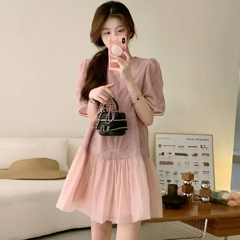 Elegancka letnia miękka niebieska okrągła spódnica z haftem, teksturowana, z efektem bąbelków, patchworkowa, w stylu koreańskim, z wysokim stanem, o kroju A...