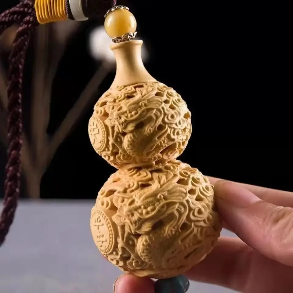 Wooden Carved Dragon Gourd Pendant - Chinese Feng Shui Lucky Amulet for Car Rearview Mirror Home Hanging Decor,  Wood Sculpture