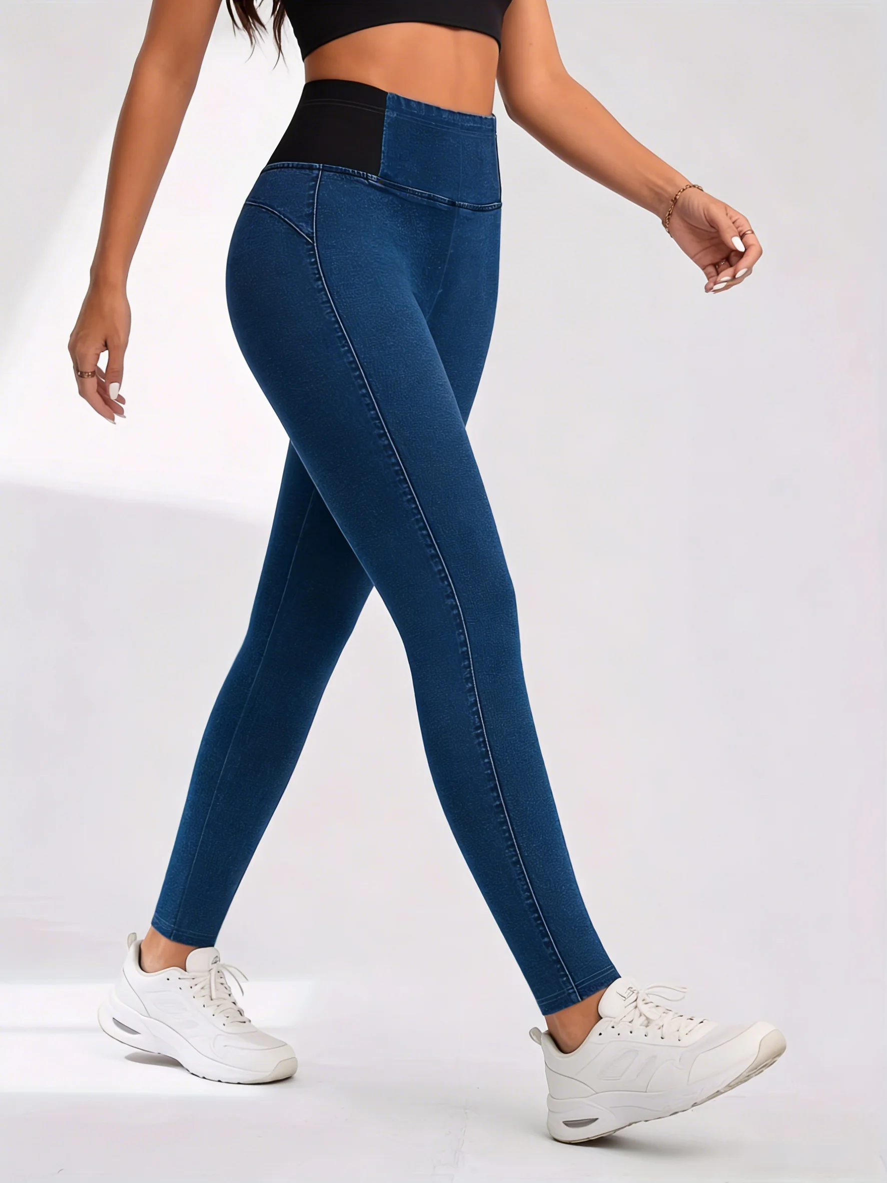 Pantalon de yoga taille haute en imitation jean pour femme, effet push-up, sexy et décontracté, couleur unie, leggings très élastiques et doux