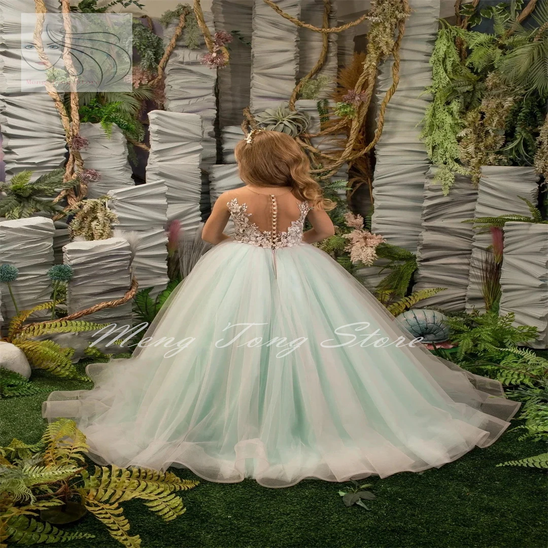 Vestidos de niña de flores de menta, apliques largos de tul, vestidos de fiesta de cumpleaños y boda, vestido de desfile Formal con tren desmontable