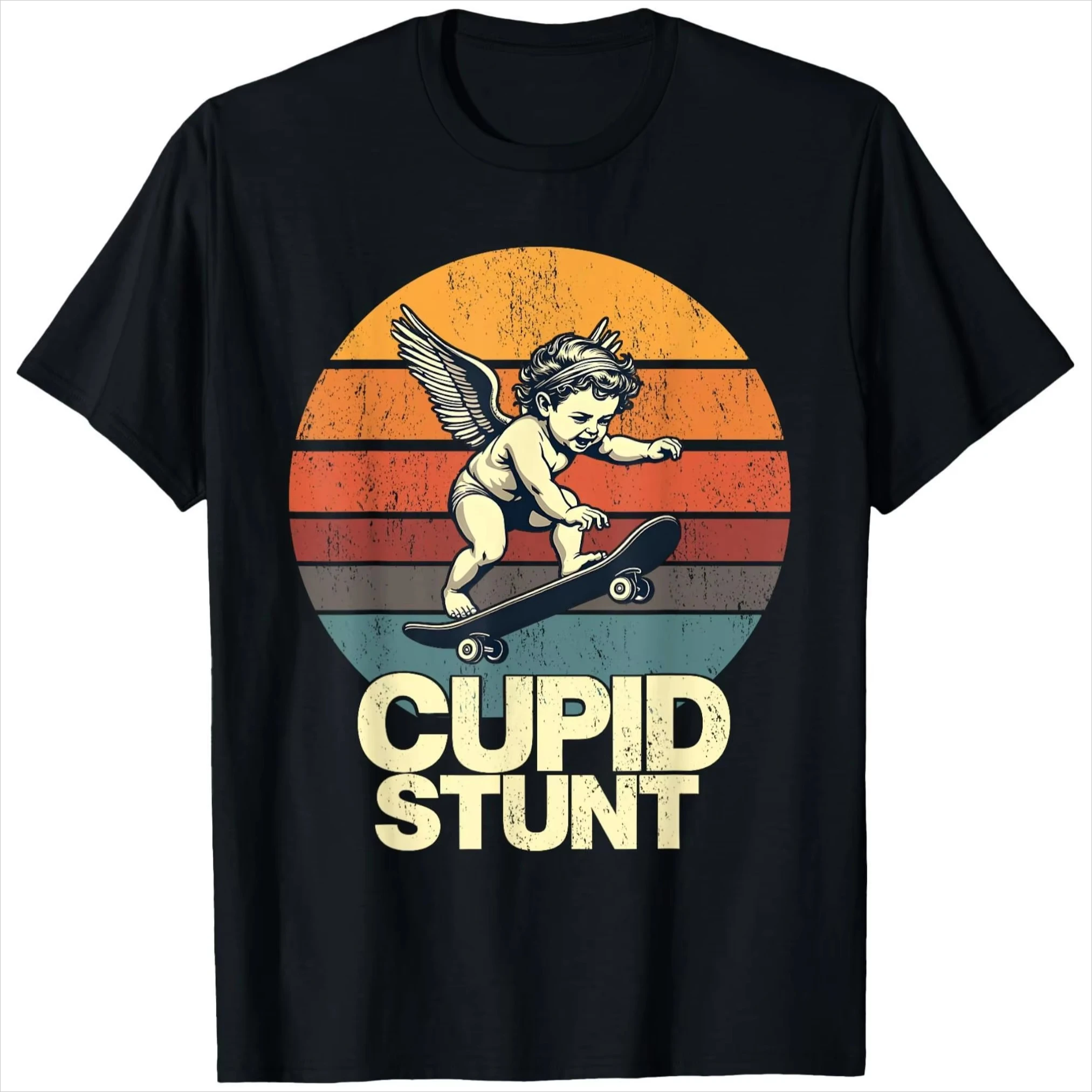 Vintage Cupid Skateboard Cupid Stunt Grafik-T-Shirt aus Baumwolle, kurzärmelig, übergroß, Unisex, Retro-Skater-Streetwear, lässige Oberteile – Detail 2