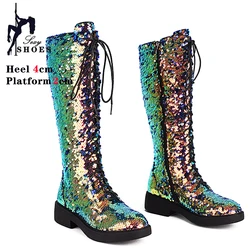 Sequined Women's Boots 2024 New Punk Girls High Help Shoes Glitter Chunky Heeled Booties Lace Zipper Knee High Boots Size 34-43