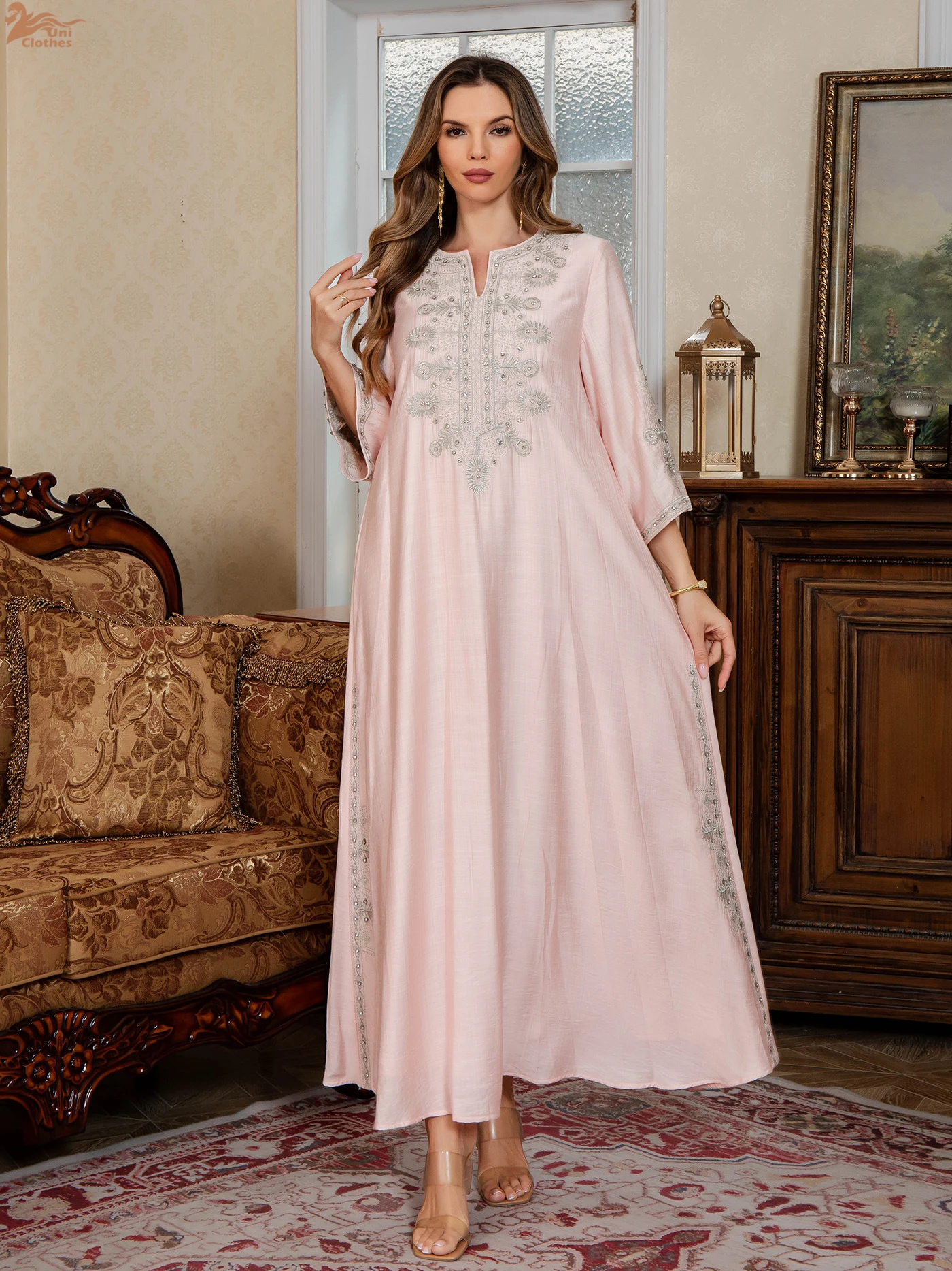 Uni Ramadan Dubai Embroidered Diamonds Abayas Muslim Elegant Women Evening Dresses Loose Luxury Kaftan
