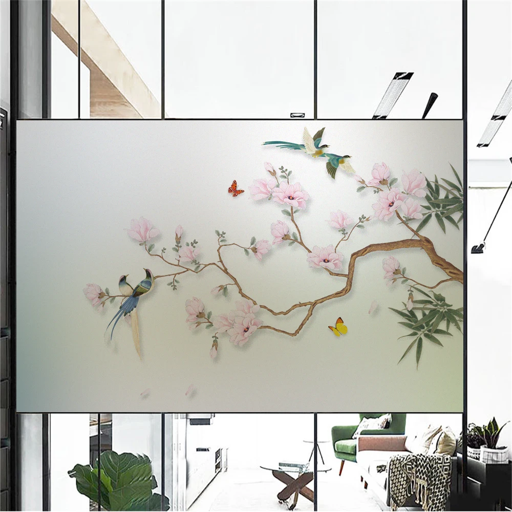 Privacy Window Film Anti-UV Heat Control Static Cling Flower Painting Decorative Semitransparent Glass Window Sticker