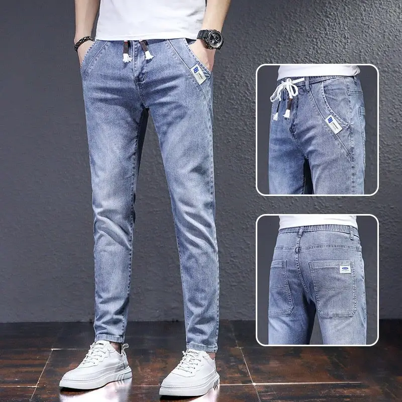 Man Fashion Elastic Waist Denim Jeans Men's Elastic Slim-fit Harlan 2026 New Light-colored Casual Trend Drawstring Men's Pants