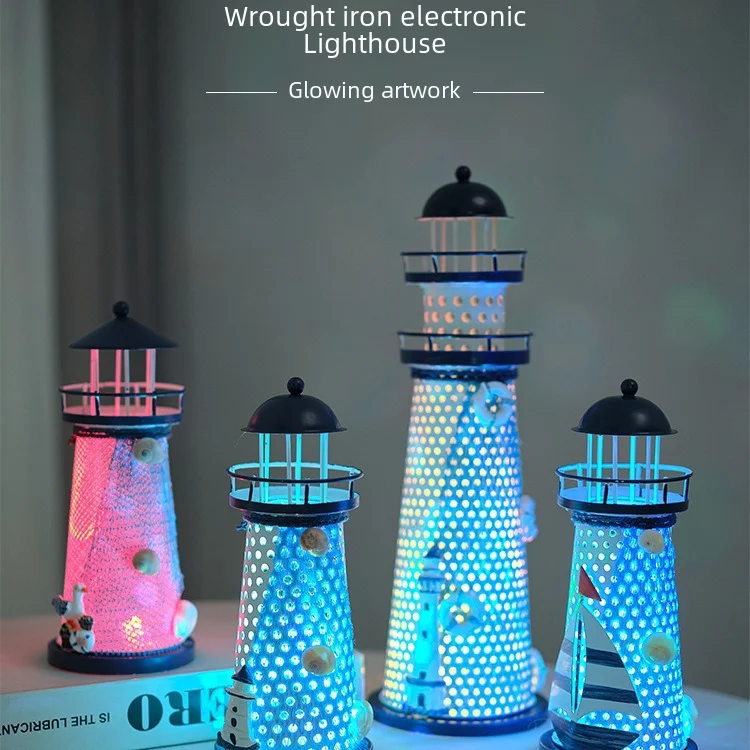 Mediterranean Sea Iron Skin Electronic Lighthouse Decorative Ornament Desktop Ocean Style Photography Prop Tourism Souvenir