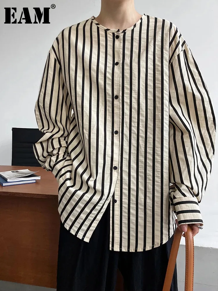 

[EAM] Women Apricot Striped Big Size Elegant Blouse New Round Neck Long Sleeve Shirt Fashion Tide Spring Autumn 2024 1DH6659